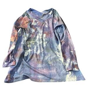 Soft Surroundings Muted Floral Purple Watercolor Knit Top Womens Large V-Neck